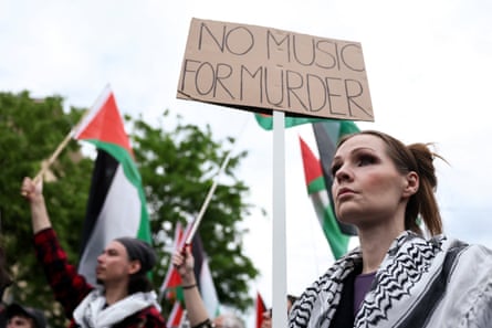 Pro-Palestinian demonstrators attend a protest, on the day of the Eurovision song contest final in Basel