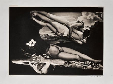 Collage showing a man and woman embracing and kissing as they float in the air above a woman reclining and a man with his head in his hands