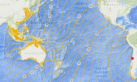  A map showing the potential tsunami danger after the earthquake off the coast of Chile. 
