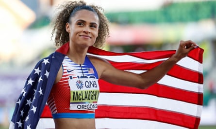 Sydney McLaughlin-Levrone celebrates winning gold in the Women’s 4x400m Relay Final on day ten of the World Athletics Championships in 2022