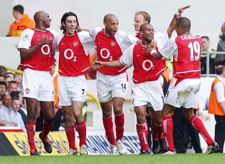 Arsenal’s Invincible season: Wenger’s unbeaten league champions – (l-r) Viera, Pires, Henry, Bergkamp, Cole, Gilberto – 25 April 2004.