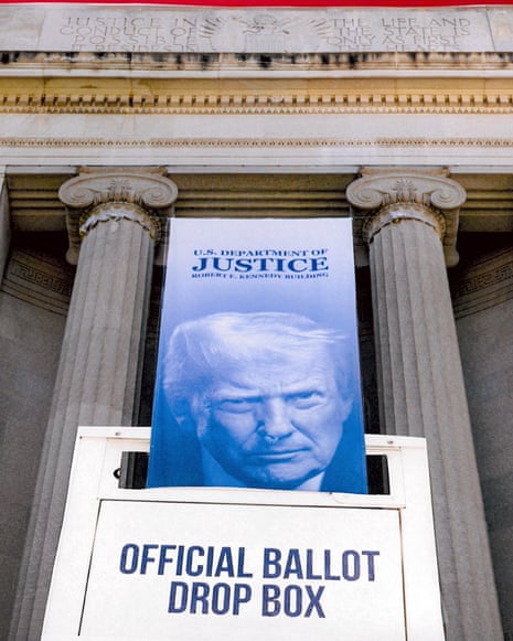 A composite illustration of an image of Donald Trump sliding into a white box labeled "Official Ballot Drop Box."