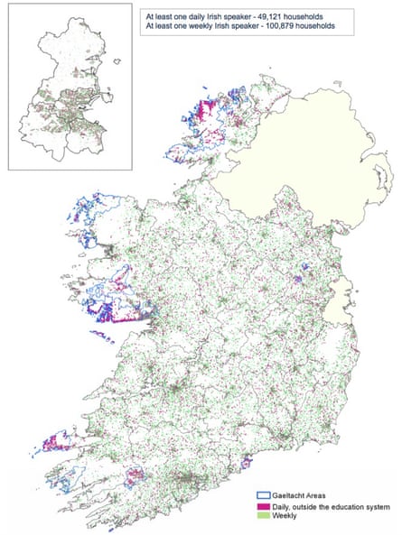 Households with daily or weekly Irish speakers at the time of the 2011 census. A blue line marks the Gaeltacht regions.