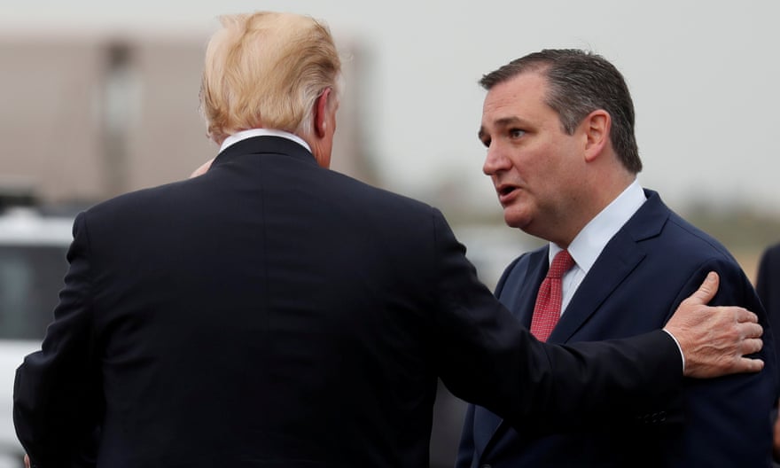 Donald Trump greets Ted Cruz in Houston, Texas in 2018.