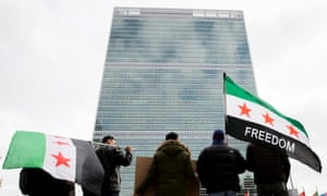 Protesters in front of UN headquarters.