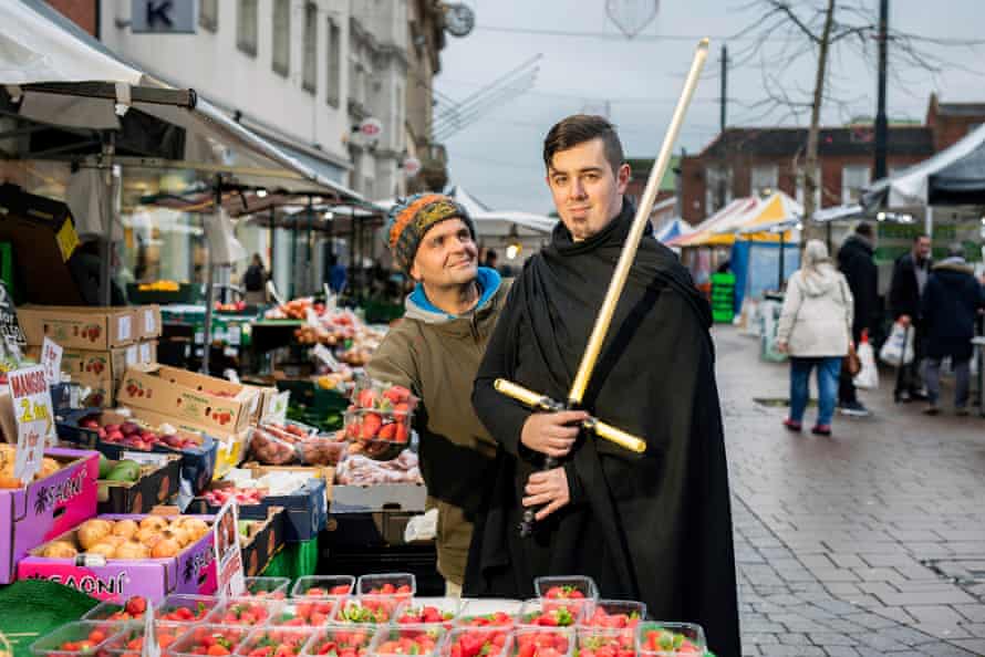 Jedi Everett Ratcliffe, with stallholder Andy Smith at Loughborough market.