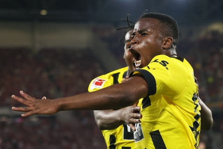 Youssoufa Moukoko celebrates scoring Dortmund’s second goal.