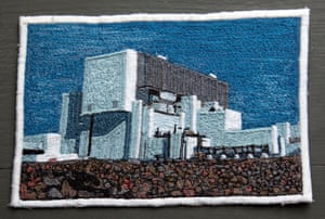 An exterior of Torness nuclear power station located 30 miles east of Edinburgh at Torness Point as created in embroidery by designer Lauras Lees.