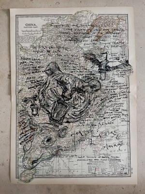 Jacqui J Sze: Harmony between Nature & Humanity (illustration, ink and pen on an antique map)