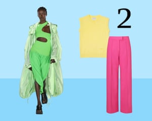 2. Bold colours The catwalk was awash with mood enhancing tutti-frutti bright shades, from juicy orange at Emilia Wickstead and Christian Siriano to zingy lime at Stella McCartney and Roksanda, and hot pink at Versace. There isn’t one colour of the season for 2022, if it’s vivid, it’s “in”. Wear it either head-to-toe or use a bright- coloured accent piece to break up a neutral look. From left: Stella McCartney SS22. Top £125, blake-ldn.com Trousers £185, meandem.com 