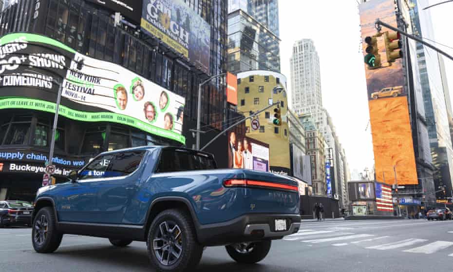 A Rivian R1T all-electric truck in Times Square on listing day.