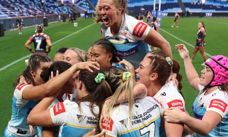 The Gold Coast Titans celebrate victory over the Sydney Roosters\.</p><p>They will play in their first NRLW grand final against Newcastle Knights on Sunday.