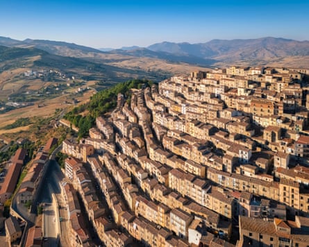 Aerial view of the labyrinthic street of the ancient town of Gangi Sicily, Italy