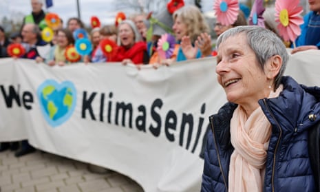 Members of the KlimaSeniorinnen Schweiz demonstrate outside the European court of human rights in Strasbourg.