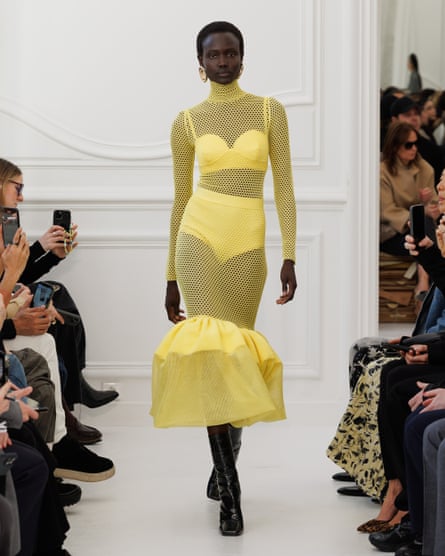Sarah Burton's acid yellow knitted mesh stitch dress for Givenchy.