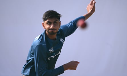 Shoaib Bashir bowls during practice on Wednesday.