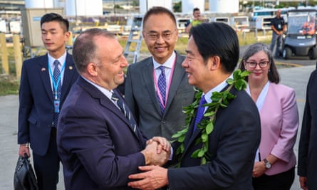 Hawaii governor Josh Green, second left, greets Lai Ching-te on the Taiwanese president’s arrival in Honolulu on Saturday