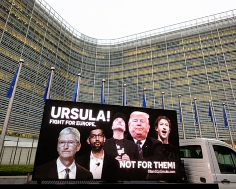 Activists from People vs Big Tech, WeMove Europe, Avaaz, and European Digital Rights (EDRi) demonstrate in front ofthe Berlaymont, the EU Commission headquarter in Brussels, Belgium.