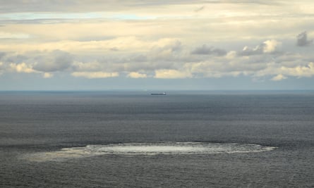 This handout picture released on 30 September 2022 by the Danish Defence Command and taken on 29 September 2022 shows one of four gas leaks at one of the damaged Nord Stream gas pipelines in the Baltic Sea.