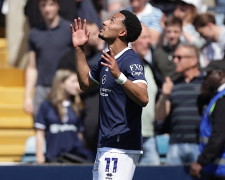 Femi Azeez celebrates after scoring his, and Millwall’s, second goal of the game against Oxford United.