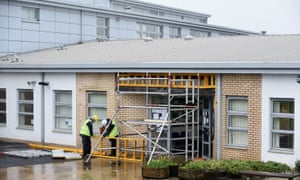 Running repairs to an Edinburgh school: scaffolding blocking main entrance