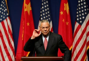 Powell listens to a question during a news conference in Beijing, China, in 2004