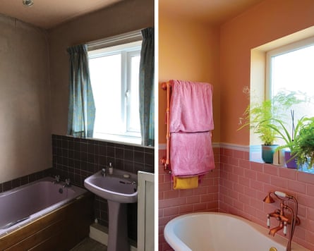 the before pic shows a shabby, dingy room with lilac bath and washbasin and dark green tiles; the after image shows a bright, fresh-looking room with pink rectangular tiles on the lower section of an orange-painted wall and above a white bath; there are pink towels hanging on a rail and leafy green plants on the windowsill.