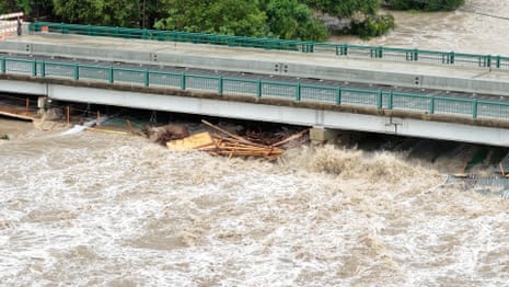 A drone view shows the swollen San Gabriel river, in Georgetown, Texas, amid the deluge.