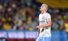 Sydney FC’s Patrick Wood reacts to missing a goal 