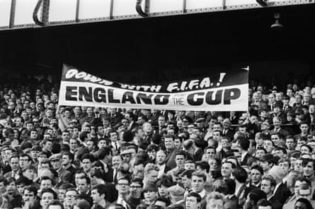 An anti-Fifa banner in the Goodison Park crowd during the 1966 World Cup semi-final between West Germany and Russia in July 1966. The fans are protesting because England games are being held at Wembley.