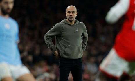 Pep Guardiola on the touchline during Manchester City's 3-1 win at Arsenal