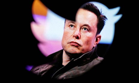 Elon Musk's photo is seen through a Twitter logo.