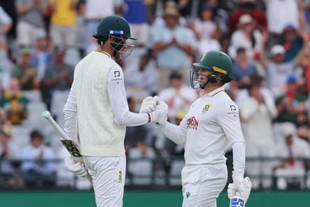 Marco Jansen (left) celebrates with Ryan Rickelton after reaching fifty in the third Test against Australia