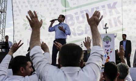 The leader of the pro-Kurdish Peoples’ Democratic party (HDP), Selahattin Demirtas, speaks during an election rally in Istanbul.