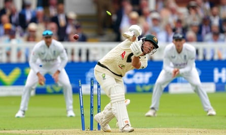 David Warner is bowled by Josh Tongue for 66 after he had given Australia a solid start to the second Test at Lord’s.