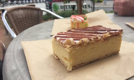 A vanilla slice with chocolate feathering. Made by Jason Spencer from Banana Boogie Bakery in Belair in the Adelaide Hills, South Australia. December 2017