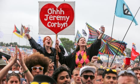 Young Corbyn supporters cheer during the Labour leader’s appearance at the 2017 Glastonbury festival.