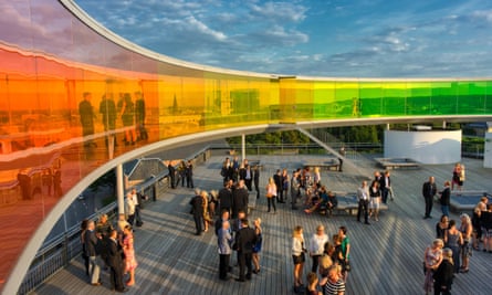 Conference participants mingle below the rainbow panorama at the roof of Aros Art Museum, Aarhus, Denmark.