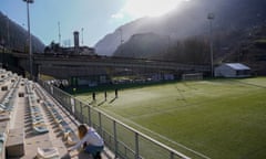 FC Andorra staff prepare the Prada de Moles stadium ahead of kick off against CE L’Hospitalet in March.