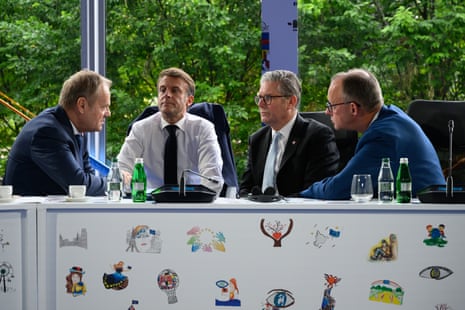 Donald Tusk, Emmanuel Macron, Keir Starmer and Friedrich Merz during the Ukraine security meeting at the European Political Community summit (EPC) in Tirana, Albania.