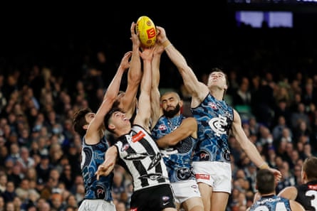 Collingwood’s Oliver Henry competes for the ball with Adam Saad and Lachie Plowman of Carlton the last time the two sides met.