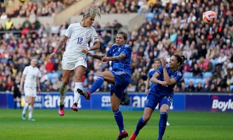 Rachel Daly heads England’s winner against Italy.