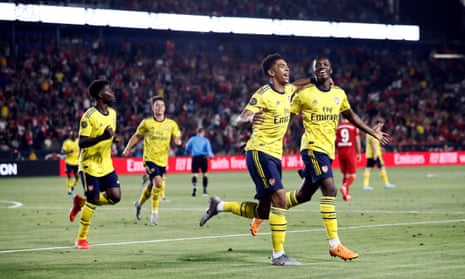 Eddie Nketiah (right) celebrates his winner against Bayern Munich with Tyreece John-Jules, who set him up with a fine bit of play.