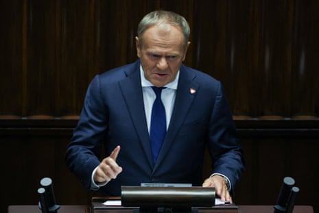 Polish prime minister Donald Tusk speaks ahead of a vote of confidence for his centre-left coalition cabinet, at parliament in Warsaw, Poland.