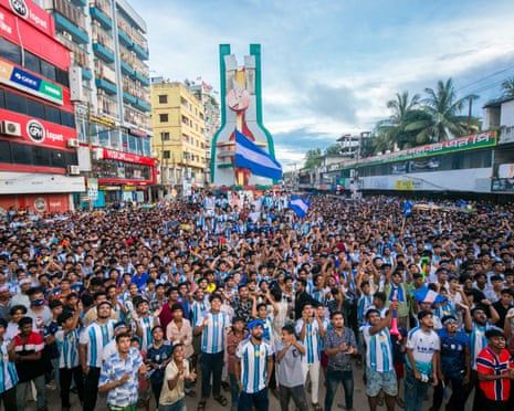Argentina supporters gather at Super Market Square in Munshiganj to watch Argentina v Cape Verde on a big screen.