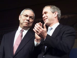 Powell on stage with the then Republican presidential candidate and governor of Texas, George W Bush