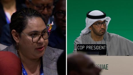 'Litany of loopholes': Samoa delegate challenges Cop28 president on climate pact – video
