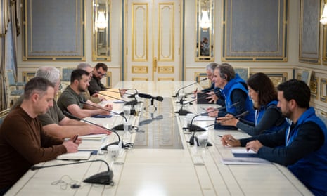Ukrainian President Volodymyr Zelensky speaking to director general of the International Atomic Energy Agency (IAEA) Rafael Grossi in Kyiv on Tuesday.
