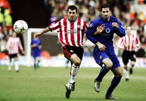 Francis Benali battles with Manchester United’s Ruud Van Nistelrooy in 2003.