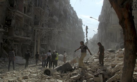 A bomb-blasted street in Aleppo